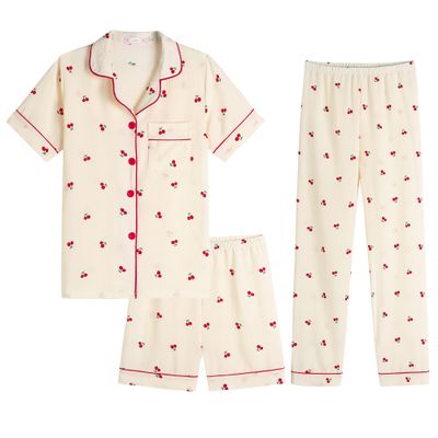 Hupohoi Big Girls Button Down Pajama Set 3pcs Short Sleeve Long Pants with Shorts Crepe Wrinkled Fabric Sleepwear Cute Patterns Nighty, Red Cherry, 12