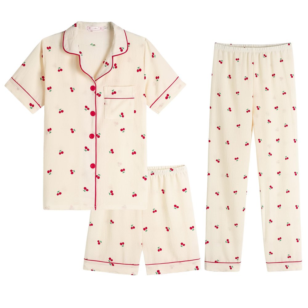 Hupohoi Big Girls Button Down Pajama Set 3pcs Short Sleeve Long Pants with Shorts Crepe Wrinkled Fabric Sleepwear Cute Patterns Nighty, Red Cherry, 12