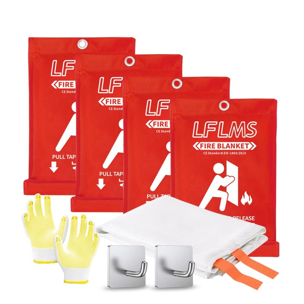Fire Emergency Blankets - 4 Pack, 40' x 40' Fireproof Fiberglass Blankets for Home, Kitchen, Office, School, Camping, Grill, Car, Warehouse