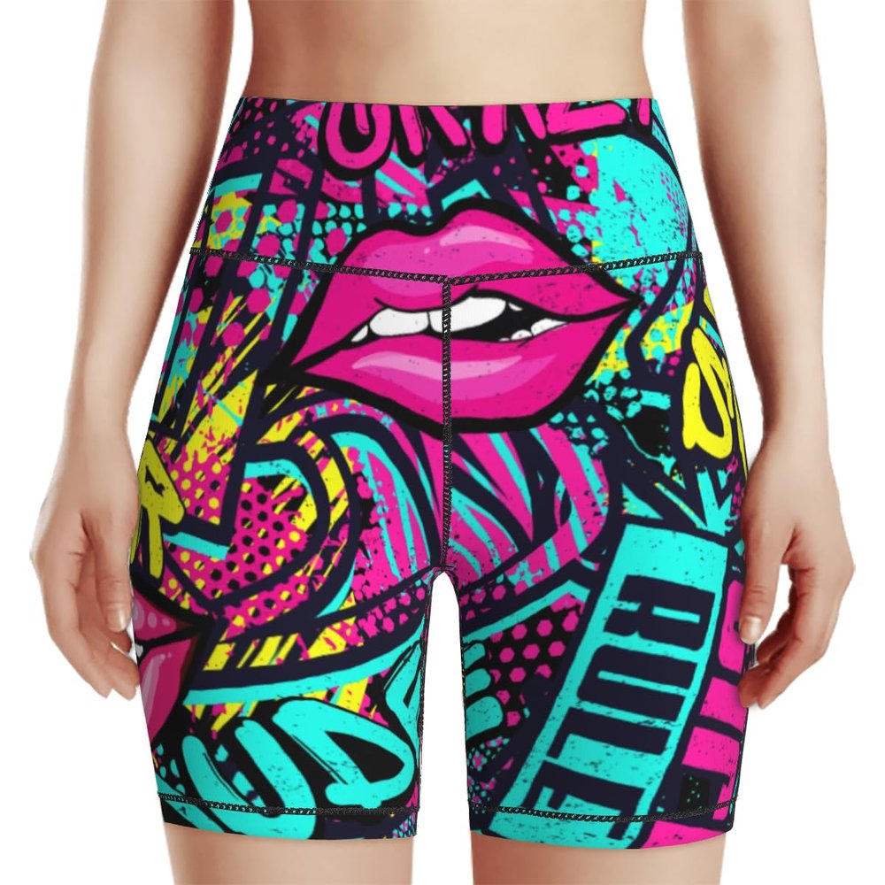 AIMASTZ Graffiti Style Women's High Waist Yoga Shorts Biker Shorts Workout Athletic Running Hiking Gym M