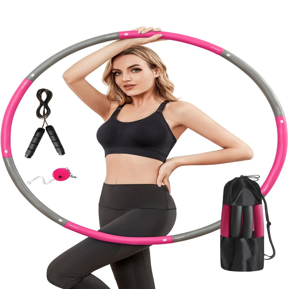 Phobby Weighted Exercise Hoop for Adults, 2.2lb Detachable Fitness Hoop, Adjustable Hoops with Jump Rope, Tape Measure and Carry Bag, Home Gym Workout (Pink Grey)