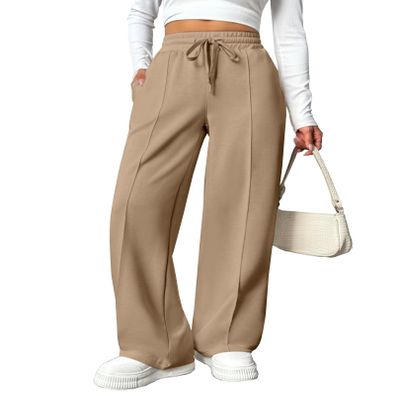 PINSPARK Sweatpants Women Straight Leg Long Pant Stretch Waist Loose Fitting Pants with Slanted Hand Pockets Khaki M