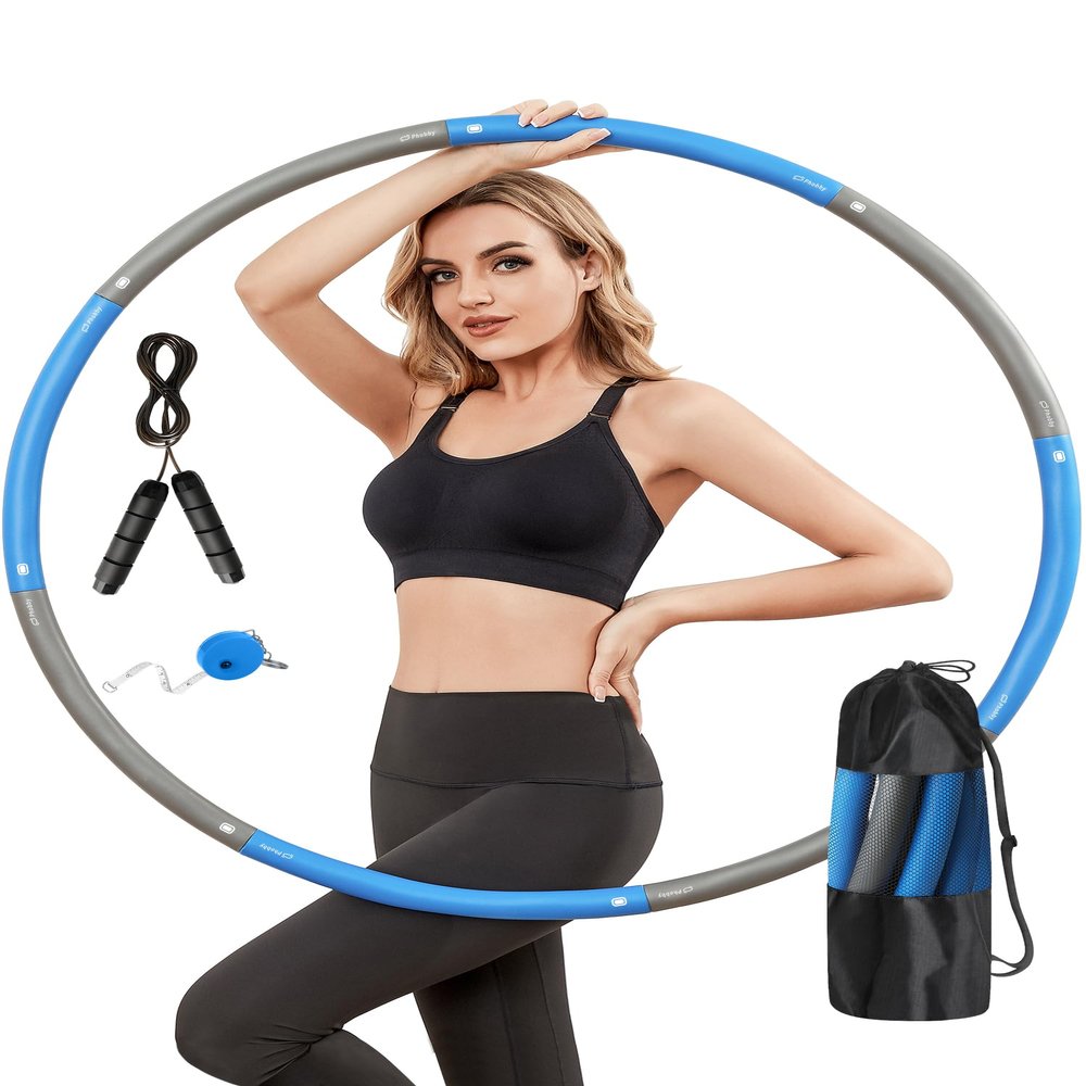 Phobby Weighted Exercise Hoop for Adults, 2.2lb Detachable Fitness Hoop, Adjustable Hoops with Jump Rope, Tape Measure and Carry Bag, Home Gym Workout (Blue Grey)