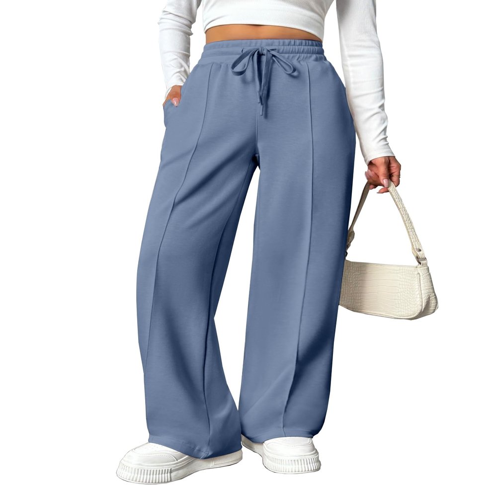 PINSPARK Tall Sweat Pants for Women Wide Legged Long Pants High-Rise Track Pants with Drawstring Two Side Pockets Deep Sea S Navy Blue