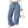 PINSPARK Tall Sweat Pants for Women Wide Legged Long Pants High-Rise Track Pants with Drawstring Two Side Pockets Deep Sea S Navy Blue view 1