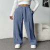 PINSPARK Tall Sweat Pants for Women Wide Legged Long Pants High-Rise Track Pants with Drawstring Two Side Pockets Deep Sea S Navy Blue view 3