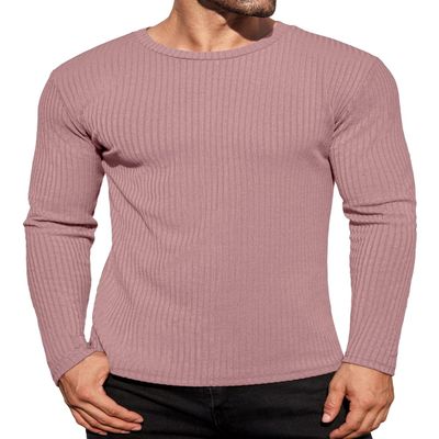 Ekouaer Men's Long Sleeve Shirts Ribbed Pullover Sweater Sim Fit Thermal Tops Crew Neck Stretchy Undershirts Pink XXL