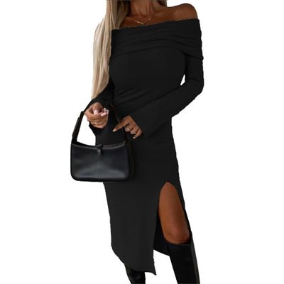 Women Sexy Off Shoulder Bodycon Maxi Dress Pullover Long Sleeve Dress Party Club Outfits Ruched Cocktail Maxi Dresses (Medium,Black)