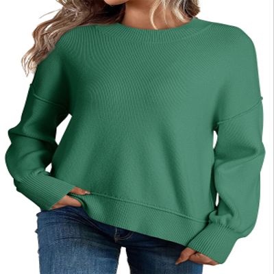 Dokotoo Womens Oversized Sweaters Crew Neck Solid Color Casual Loose Knitted Crop Tops Cute Chunky Knit Sweaters Fall Clothes for Women 2025 Dark Green X-Large