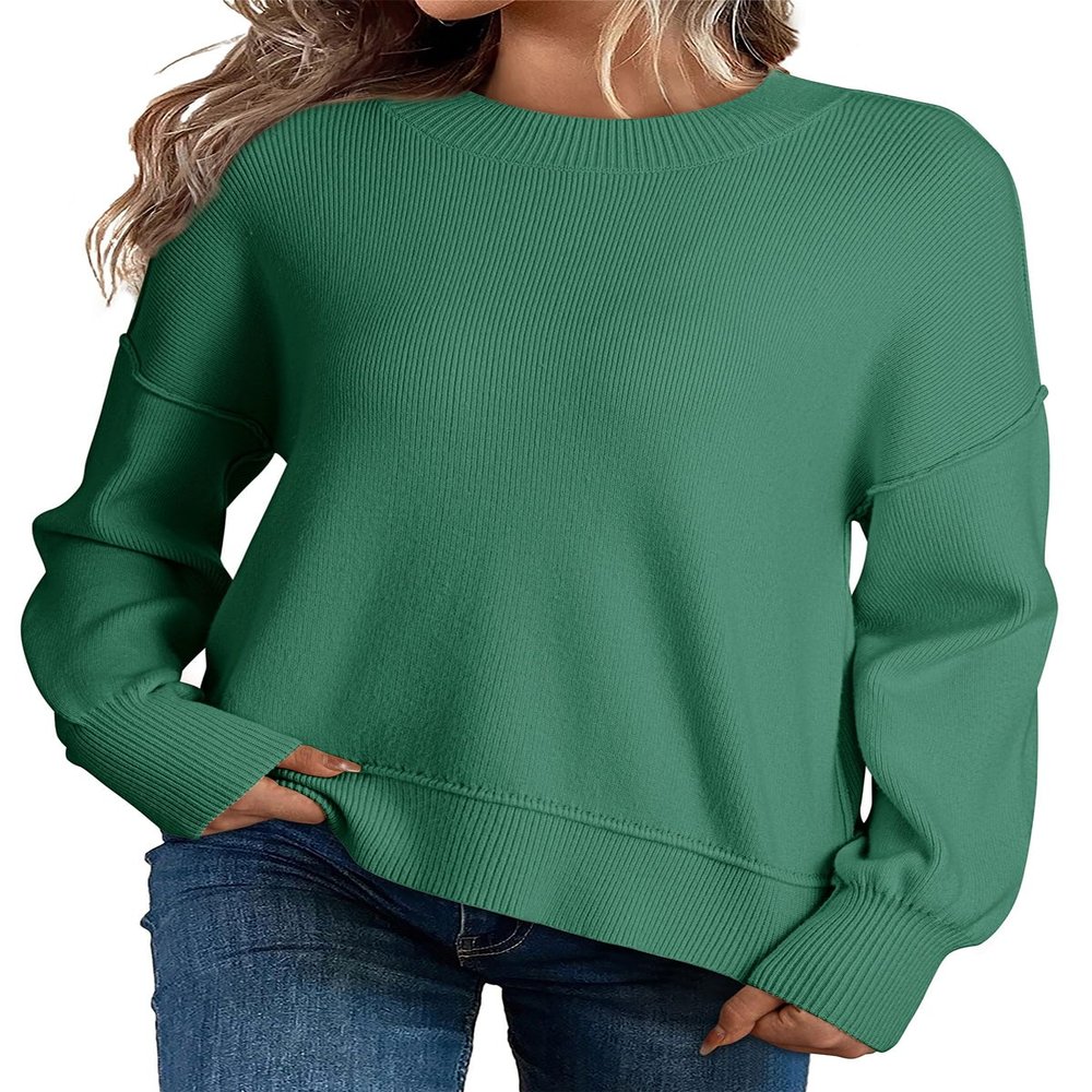 Dokotoo Womens Oversized Sweaters Crew Neck Solid Color Casual Loose Knitted Crop Tops Cute Chunky Knit Sweaters Fall Clothes for Women 2025 Dark Green X-Large