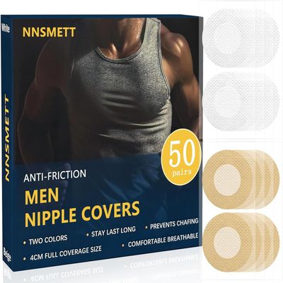 Nipple Covers Men,100Pcs (50 Pairs) Anti-Chafing Nipple Covers for Men, No-Show Mens Nipple Guard Tape for Running, Sports, and Daily Wear (Beige 25 Pairs + White 25 Pairs)