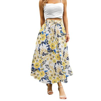 Abaadlw Maxi Skirts for Women with Pockets Long Midi Length Casual Skirt for Beach Party Holiday (A41 Floral Yellow L)