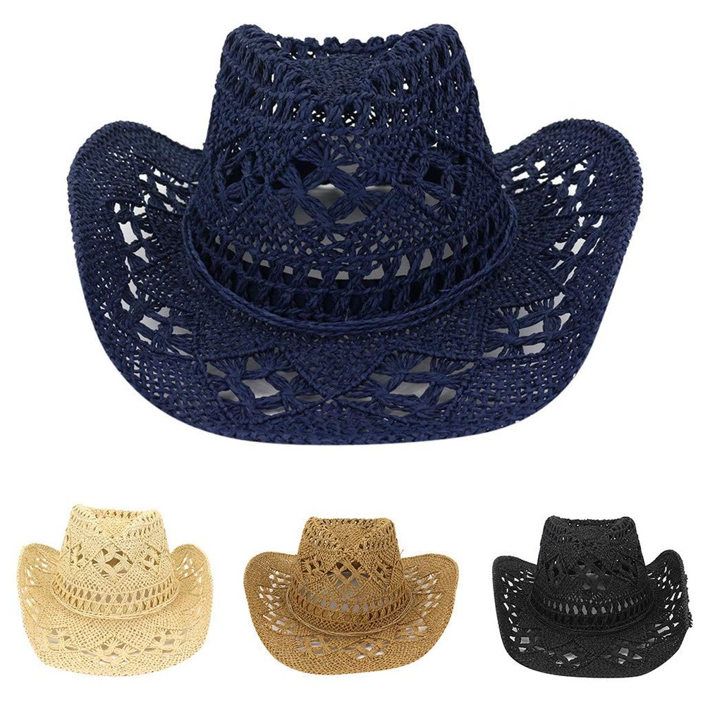 YOLAI Men & Women's Summer Cowboy Cowgir Western Stra Hat Hollow Out Woven Roll Up Wide Brim Hat (Yellow, One Size)