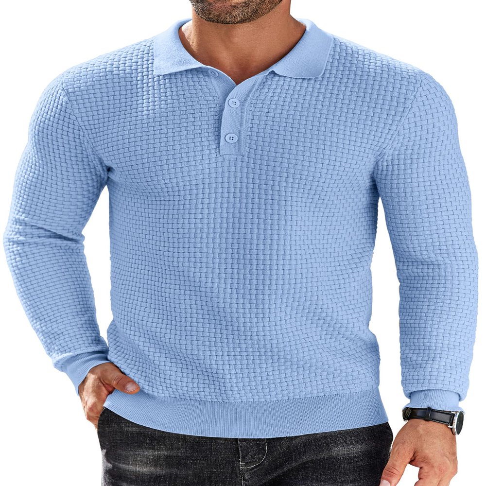 COOFANDY Men's Polo Sweater Long Sleeve Collared Shirt Fitted Casual Classic 3 Button Pullover Sweater, Light Blue, 3X-Large