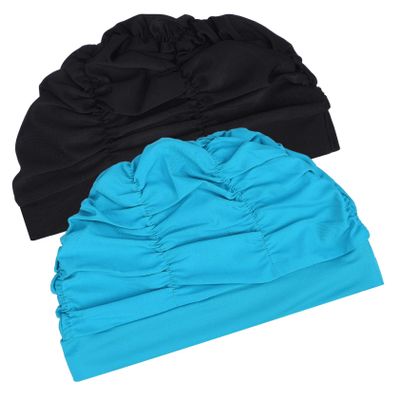 KICHOUSE 2pcs Pleated Fabric Swim Caps for Men and Women Elastic Swimming Hats for Hair Polyester Swim Caps Black and Lake