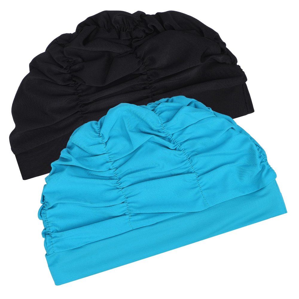 KICHOUSE 2pcs Pleated Fabric Swim Caps for Men and Women Elastic Swimming Hats for Hair Polyester Swim Caps Black and Lake