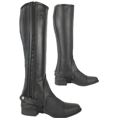 AK New Unisex Side Zip with Stretch Panel Full Grain Leather Equestrian Horse Riding Half Chaps AKRS-1022 (Black, 14/XXS)