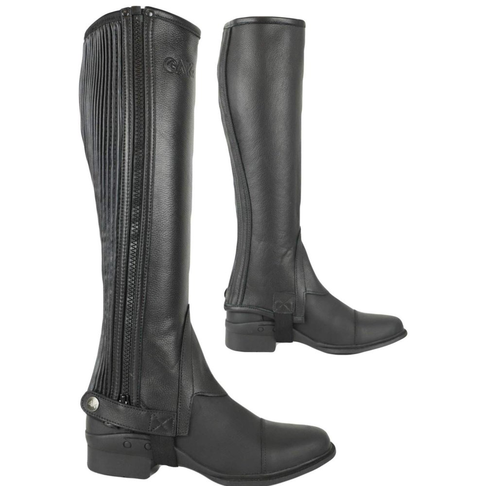 AK New Unisex Side Zip with Stretch Panel Full Grain Leather Equestrian Horse Riding Half Chaps AKRS-1022 (Black, 14/XXS)