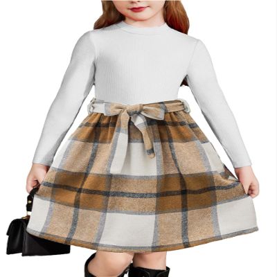 Arshiner Girls Dresses Long Sleeve Rib Knit Plaid Patchwork Belted Dress with Pockets White/Brown Plaid Kids 8