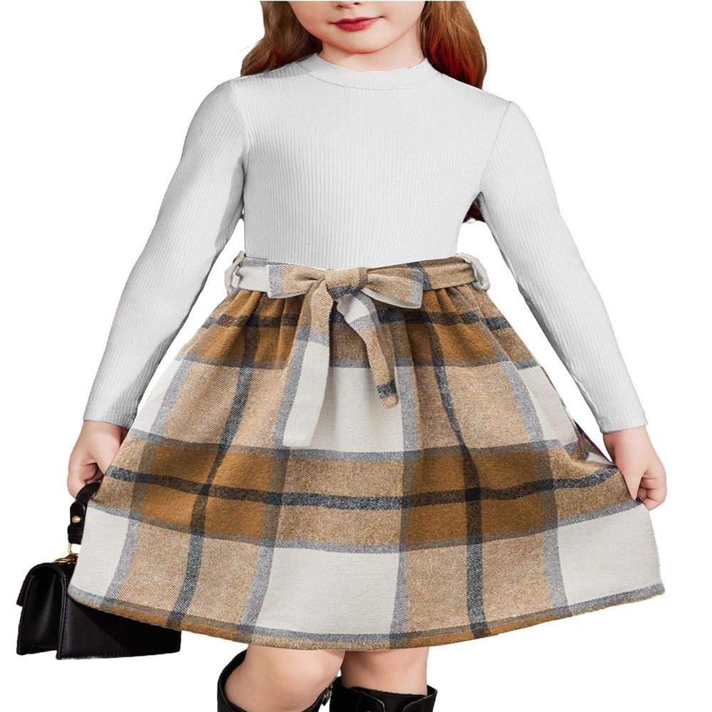 Arshiner Girls Dresses Long Sleeve Rib Knit Plaid Patchwork Belted Dress with Pockets White/Brown Plaid Kids 8