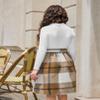 Arshiner Girls Dresses Long Sleeve Rib Knit Plaid Patchwork Belted Dress with Pockets White/Brown Plaid Kids 8 view 2