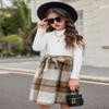 Arshiner Girls Dresses Long Sleeve Rib Knit Plaid Patchwork Belted Dress with Pockets White/Brown Plaid Kids 8 view 3