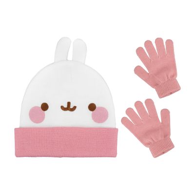 Molang Kids Beanie Hat and Gloves Set, Girls Winter Knit Cap with 3D Ears and Matching Mittens, Pink, One Size