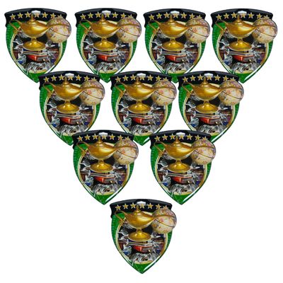 10 Pack Large 3 Inch Shield Shape Scholastic Book and Lamp Medals Trophy Team Award with Neck Ribbons CSM Awards Trophies Gift
