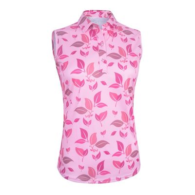 Monterey Club Women's Blossom Print Tailored Collar Sleeveless Polo Shirt #4519 (Cotton Candy/Raspberry, Large)