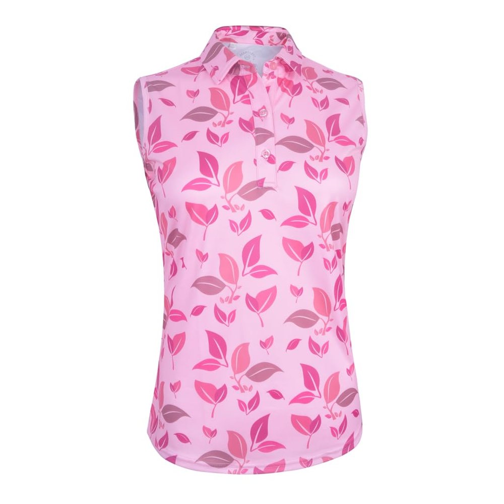 Monterey Club Women's Blossom Print Tailored Collar Sleeveless Polo Shirt #4519 (Cotton Candy/Raspberry, Large)