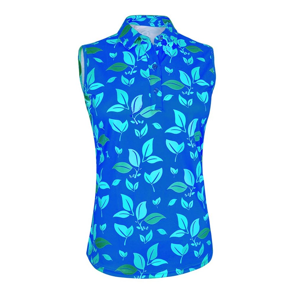 Monterey Club Women's Blossom Print Tailored Collar Sleeveless Polo Shirt #4519 (Klein Blue/Slate Blue, X-Large)