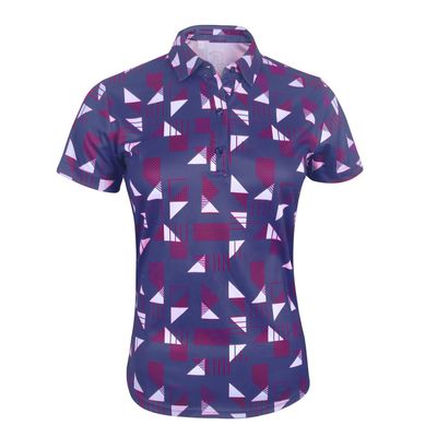 Monterey Club Women's Geometric Print Tailored Collar Short Sleeve Polo Shirt #4522 (Navy/Red/White, Large)