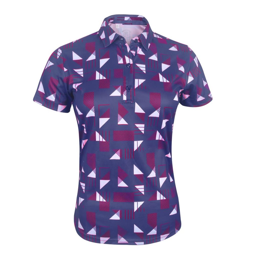 Monterey Club Women's Geometric Print Tailored Collar Short Sleeve Polo Shirt #4522 (Navy/Red/White, Large)