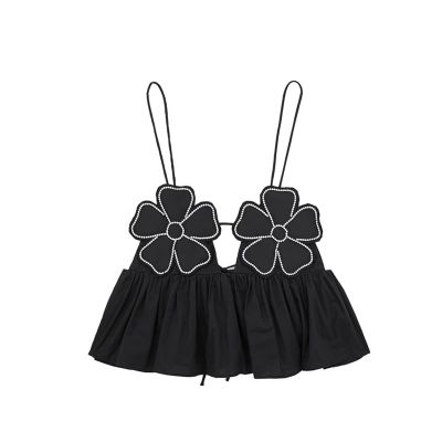 JAMPOL Floral Chic Cropped Top Vest for Women Camisole Backless Suspender Tops Female Elegant Sexy Sleeveless Street(Black,Large)