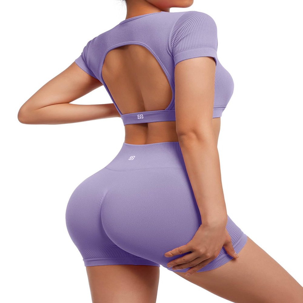 SUUKSESS 2 Piece Workout Sets for Women Open Back Gym Sets Woman Gym Shorts Pilates Crop Tops