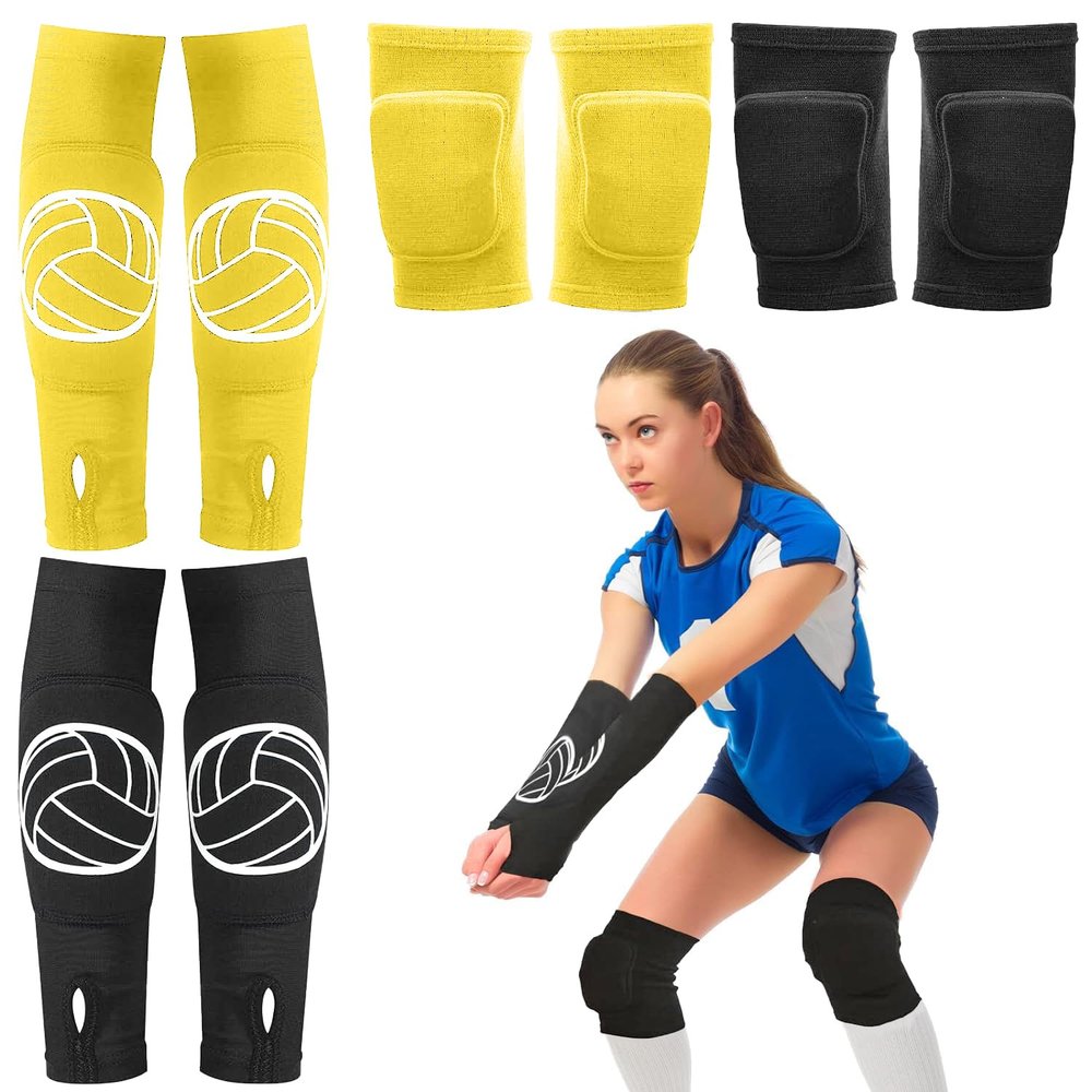 Sosation 2 Set Volleyball Knee Pads and Volleyball Arm Sleeves with Protection Pad Compression Forearm Wrist Guard with Thumb Hole Soft Breathable for Hitting Passing(Black, Yellow)