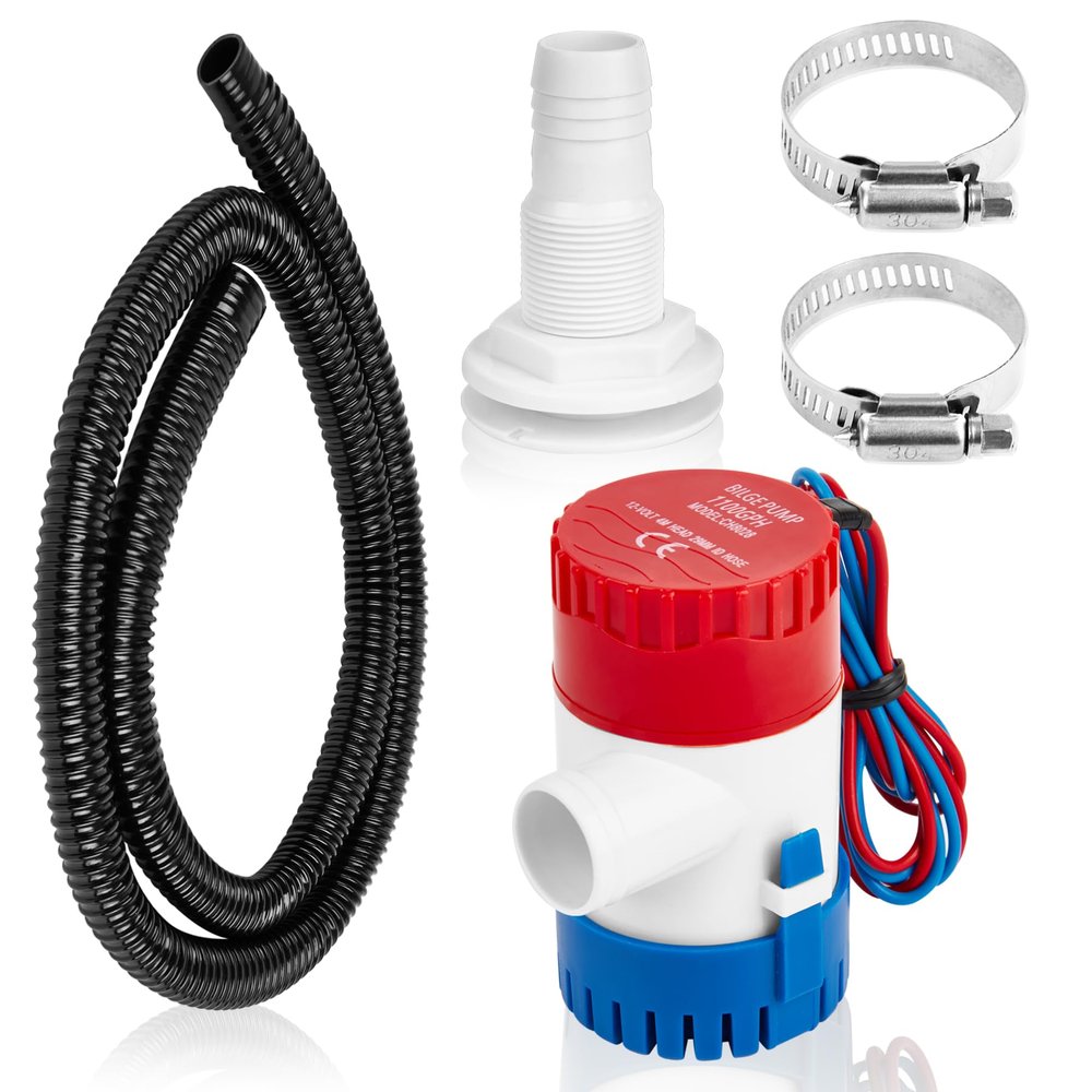 Non-automatic 0.98 Inch Bilge Pump kit for Boats,12V 1100GPH Bilge Pumps with 6 ft/1.8 meters Bilge Pump Hose, 2pcs Stainless Steel Clamps and Thru Hull Fitting, for Speedboats,Yachts