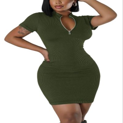 AiiUp Ribbed Bodycon Dresses for Women Short Sleeve Summer Zip Up Front Casual Mini Tank Dress Army Green