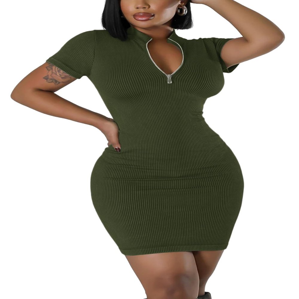 AiiUp Ribbed Bodycon Dresses for Women Short Sleeve Summer Zip Up Front Casual Mini Tank Dress Army Green
