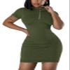 AiiUp Ribbed Bodycon Dresses for Women Short Sleeve Summer Zip Up Front Casual Mini Tank Dress Army Green view 2