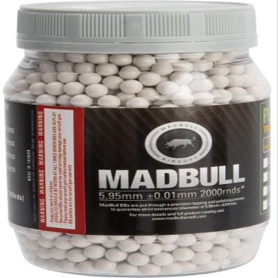 Evike Airsoft - MadBull Premium Match Grade Heavy Weight 6mm Airsoft Long Range BB (Model: 0.36g White / 2000rd Bottle)
