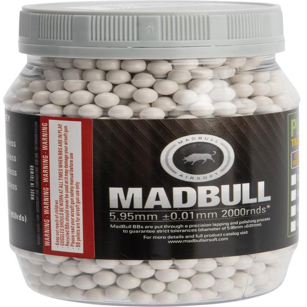 Evike Airsoft - MadBull Premium Match Grade Heavy Weight 6mm Airsoft Long Range BB (Model: 0.36g White / 2000rd Bottle)