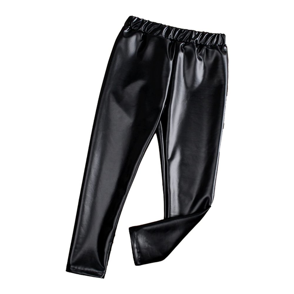 Baby Girls Metallic PU Faux Leather Pants - Toddler Elastic Waist Trousers Kids Leggings (Black, 4-5 Years)