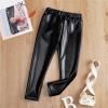Baby Girls Metallic PU Faux Leather Pants - Toddler Elastic Waist Trousers Kids Leggings (Black, 4-5 Years) view 3