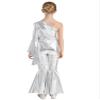 CHICTRY Girl's Skating Jumpsuit Shiny Sequins Party Romper Bodysuit One Shoulder Flare Bell Bottom Dance Pants Silver 13-14 Years view 2