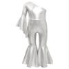 CHICTRY Girl's Skating Jumpsuit Shiny Sequins Party Romper Bodysuit One Shoulder Flare Bell Bottom Dance Pants Silver 13-14 Years view 3