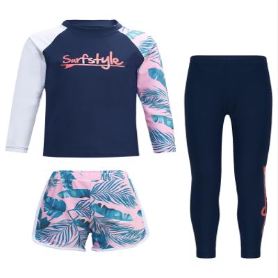 Lorilida Boys/Girls 3 Piece Sun Protection Swimsuit Rash Guard Kids Swim Top Shorts and Pants Set Bathing Suit Navy Blue&Pink 5-6 Years