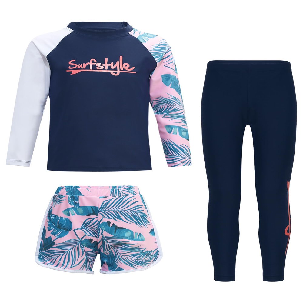 Lorilida Boys/Girls 3 Piece Sun Protection Swimsuit Rash Guard Kids Swim Top Shorts and Pants Set Bathing Suit Navy Blue&Pink 5-6 Years