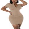 AiiUp Ribbed Bodycon Dresses for Women Short Sleeve Summer Zip Up Front Casual Mini Tank Dress Camel view 1