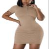 AiiUp Ribbed Bodycon Dresses for Women Short Sleeve Summer Zip Up Front Casual Mini Tank Dress Camel view 2